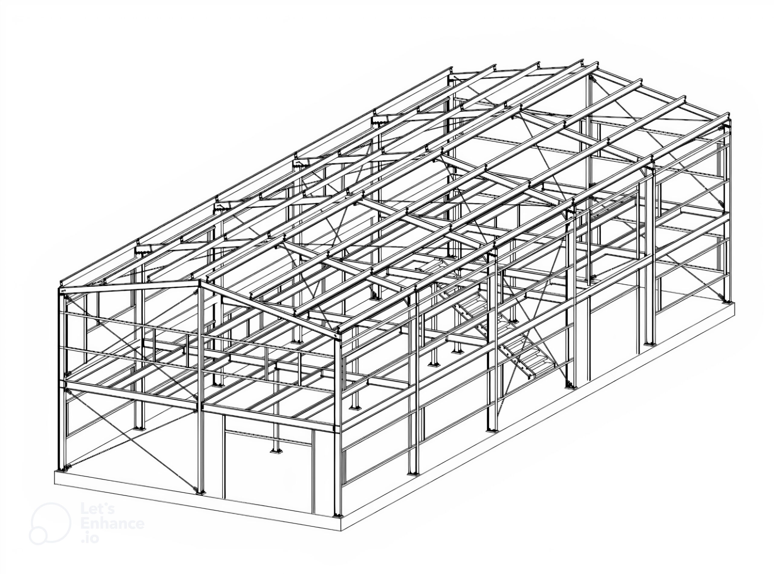 Model konstrukcji stalowej hali w widoku izometrycznym – schemat układu nośnego i rozmieszczenia elementów stalowych.