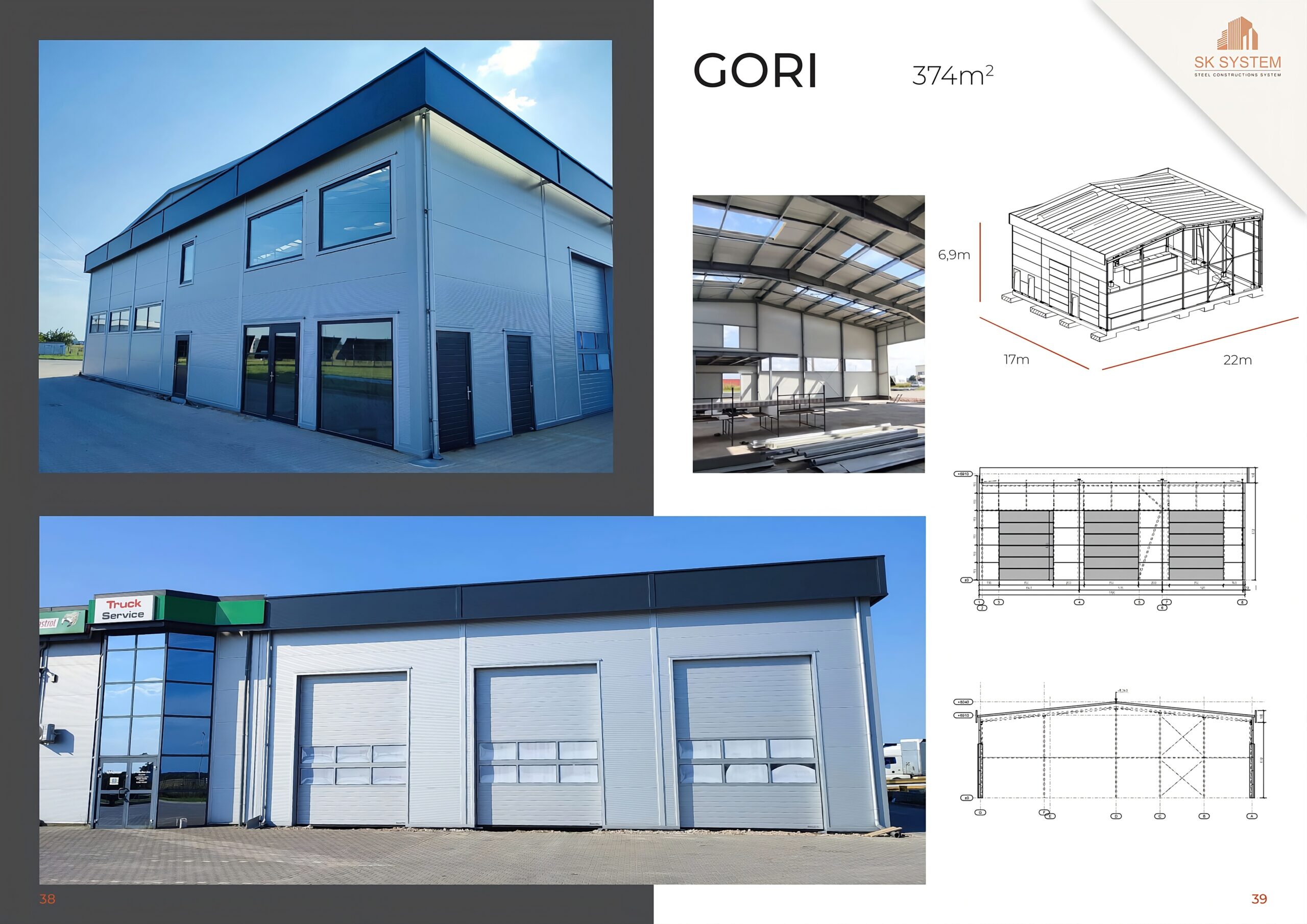 Hala stalowa GORI 374 m2 – nowoczesna elewacja z dużymi przeszkleniami